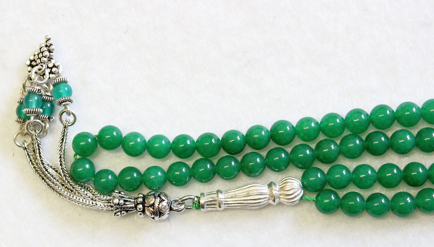 Islamic Prayer Beads Tesbih Gebetskette 99 Green Jade Beads & Sterling Silver