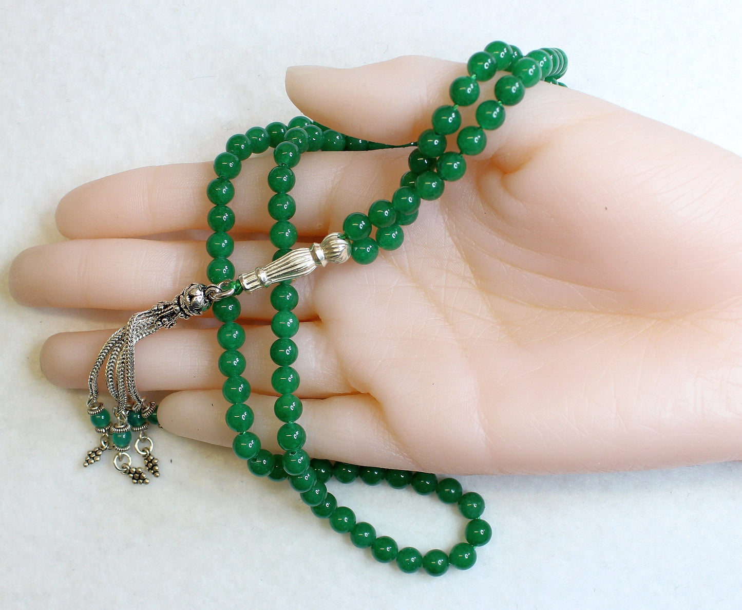 Islamic Prayer Beads Tesbih Gebetskette 99 Green Jade Beads & Sterling Silver