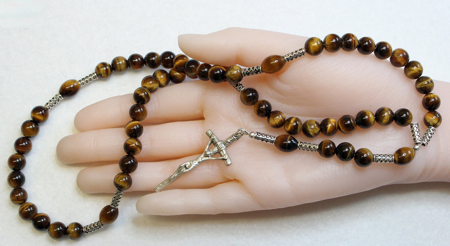 Catholic Rosary Prayer Beads Tiger Eye and Heavy Sterling Silver
