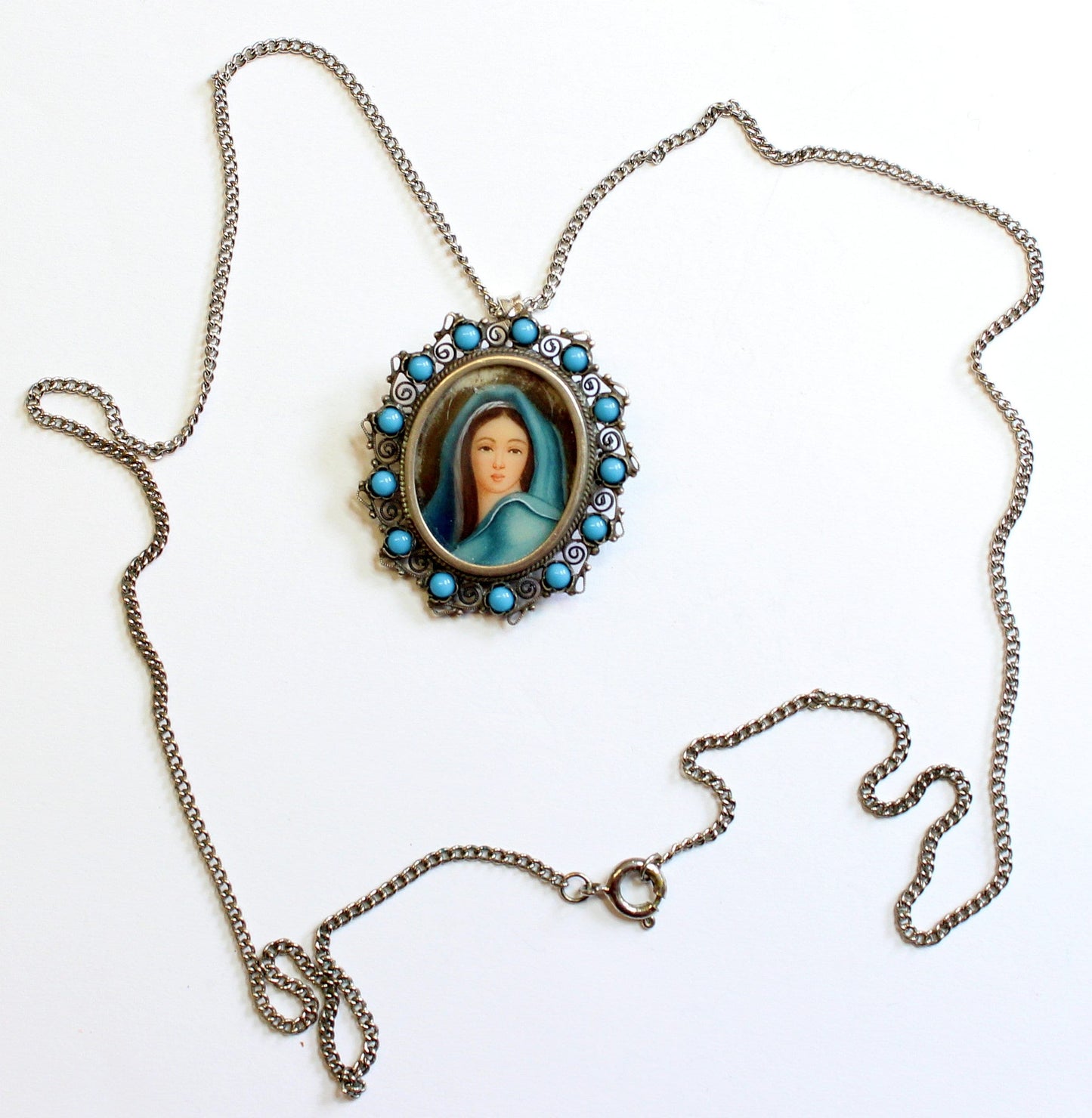 1910's Miniature of Madonna Mary in Sterling & Turquoise Frame, Dual Use Brooch and Pendant w Chain