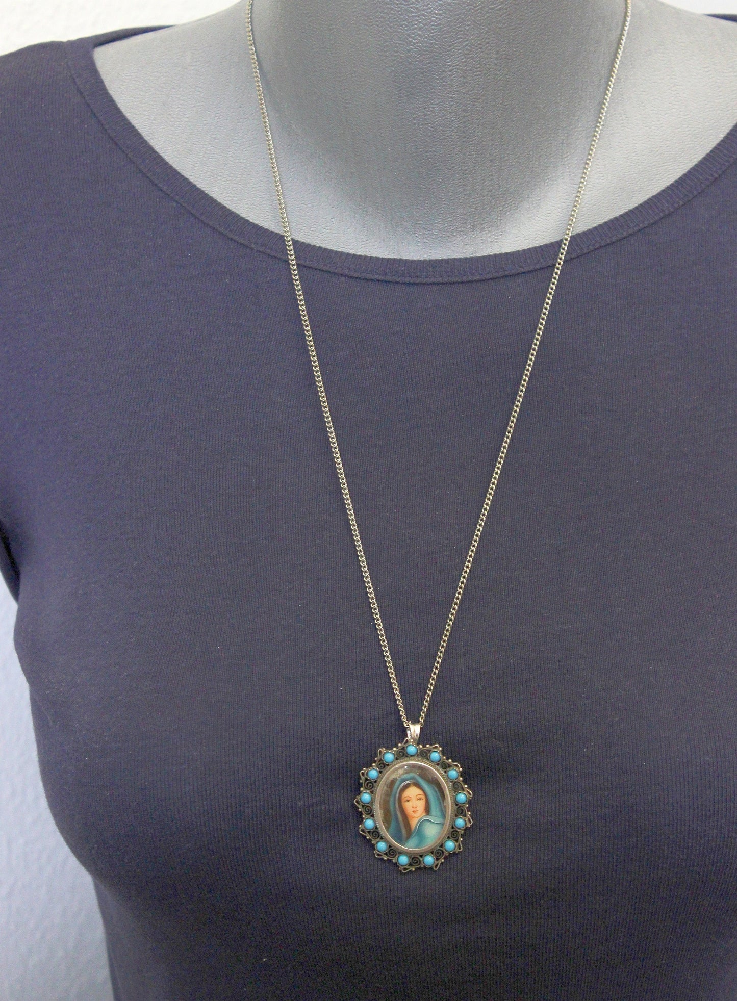 1910's Miniature of Madonna Mary in Sterling & Turquoise Frame, Dual Use Brooch and Pendant w Chain