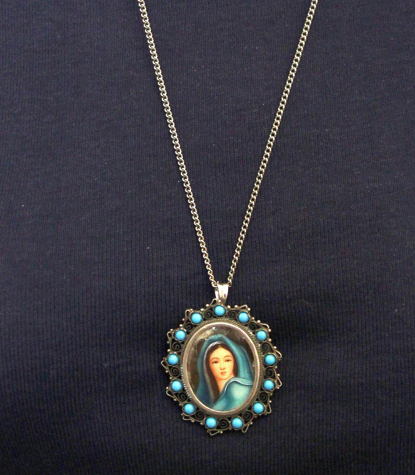 1910's Miniature of Madonna Mary in Sterling & Turquoise Frame, Dual Use Brooch and Pendant w Chain