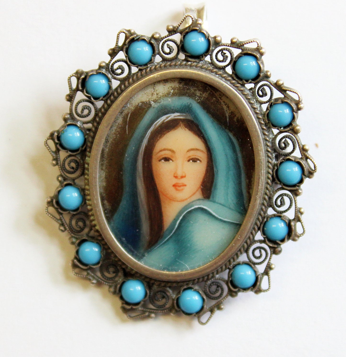 1910's Miniature of Madonna Mary in Sterling & Turquoise Frame, Dual Use Brooch and Pendant w Chain