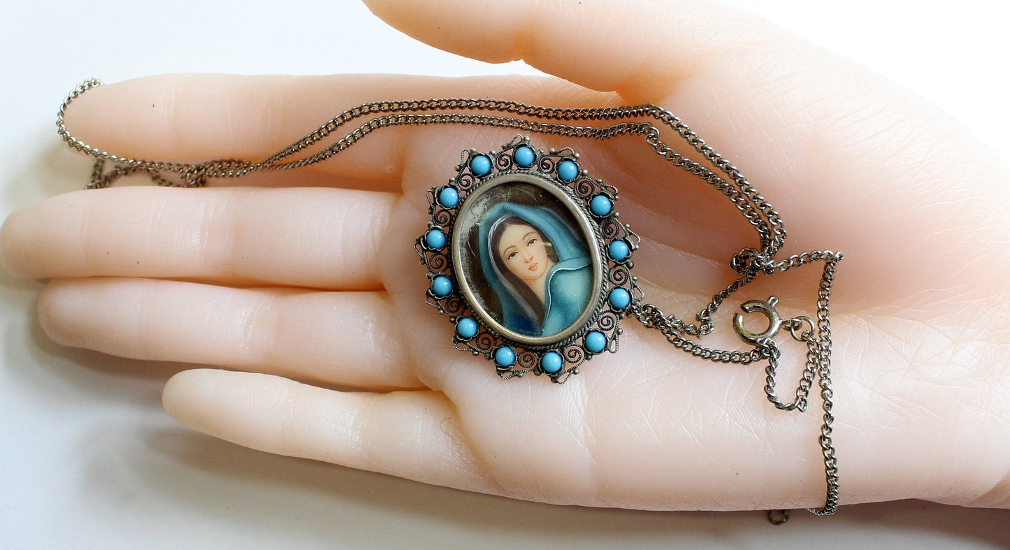 1910's Miniature of Madonna Mary in Sterling & Turquoise Frame, Dual Use Brooch and Pendant w Chain