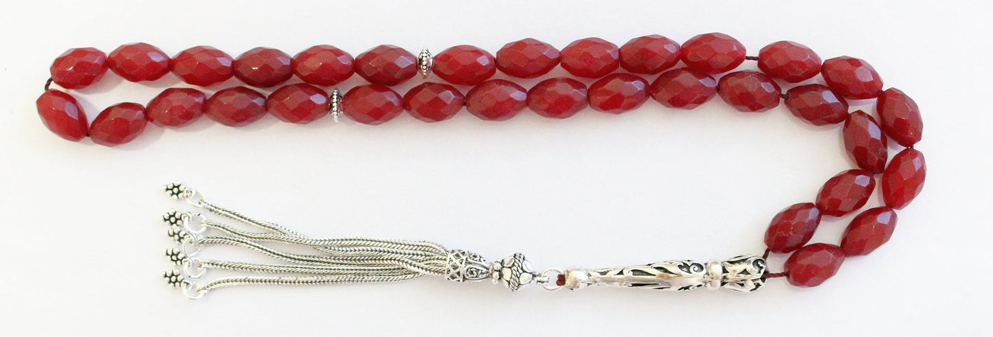 Luxury Prayer Worry Beads Tesbih Thai Oval Faceted Ruby & Sterling Silver - Collector's