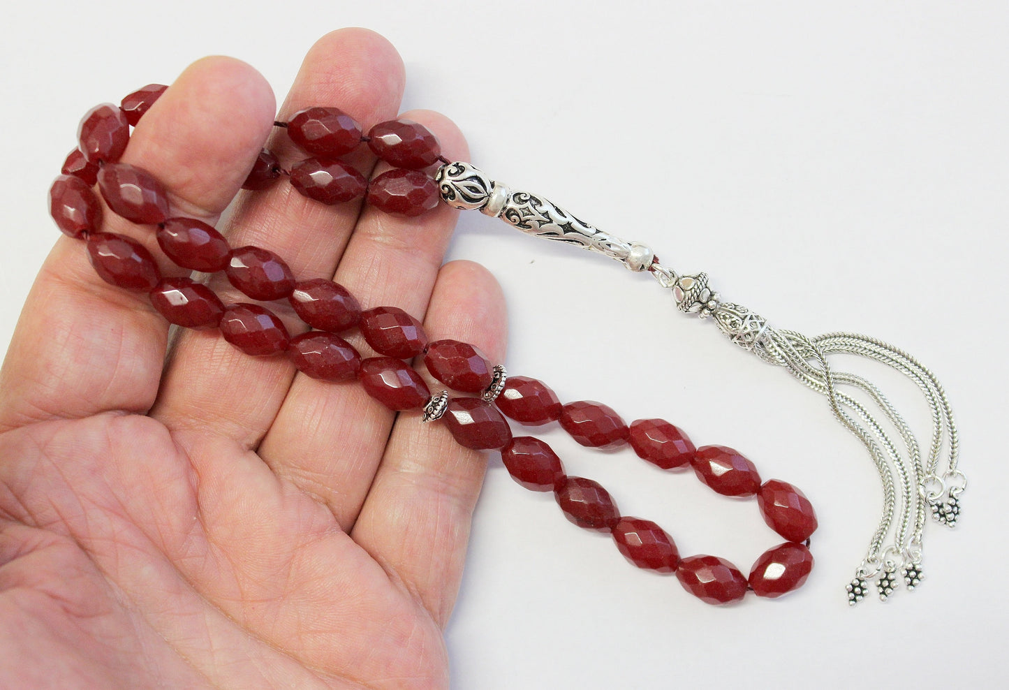 Luxury Prayer Worry Beads Tesbih Thai Oval Faceted Ruby & Sterling Silver - Collector's