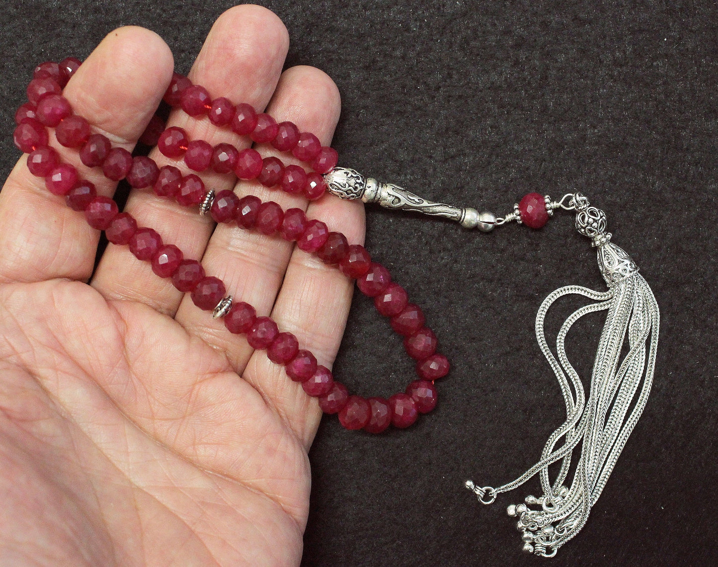 Tesbih Worry Beads 66 Faceted Genuine Ruby Beads & Sterling Silver - Collector's