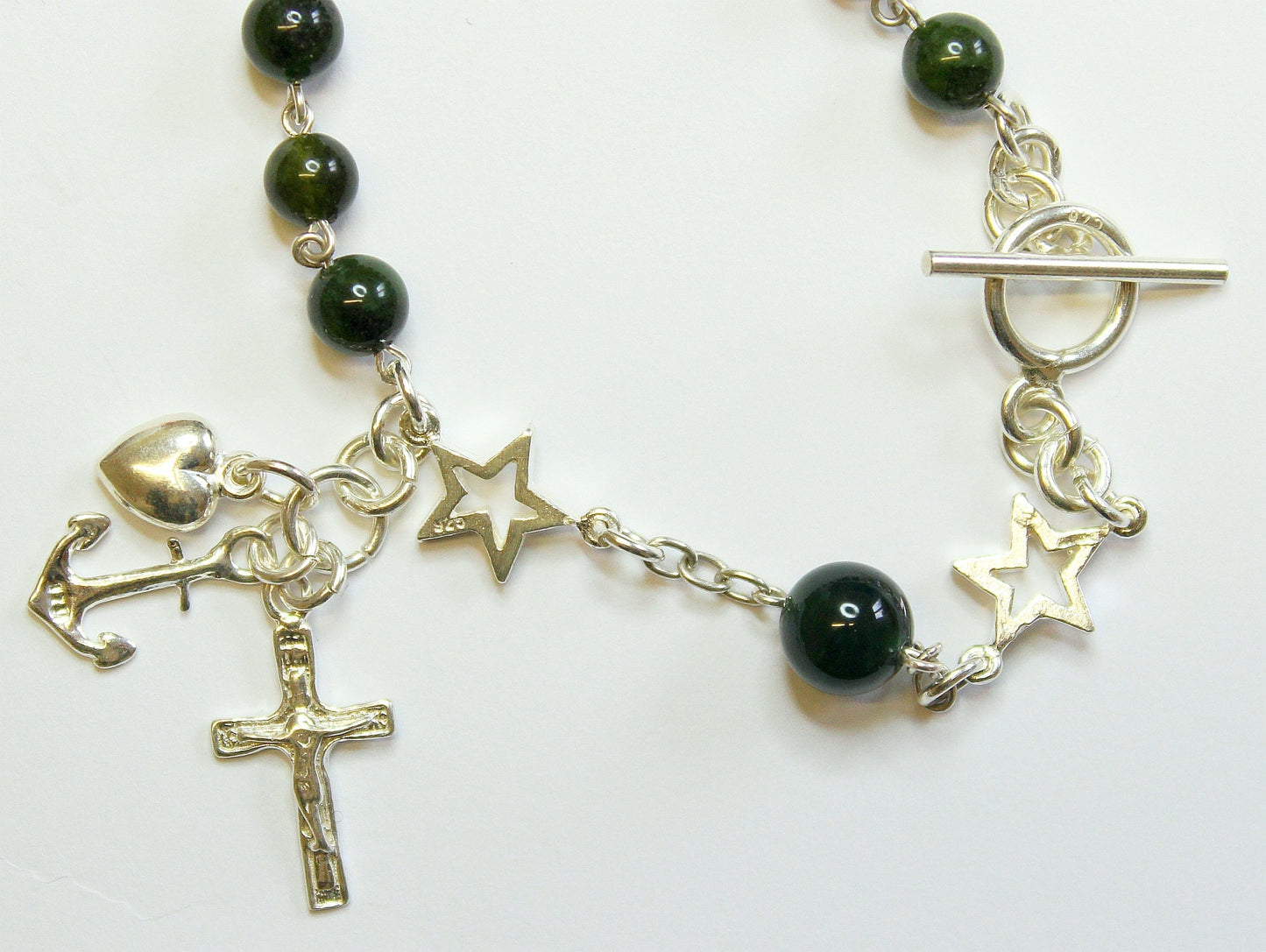 Catholic Rosary Bracelet Green Jade and Sterling Silver