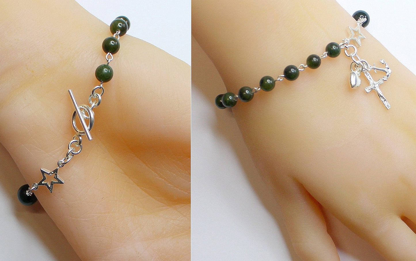 Catholic Rosary Bracelet Green Jade and Sterling Silver