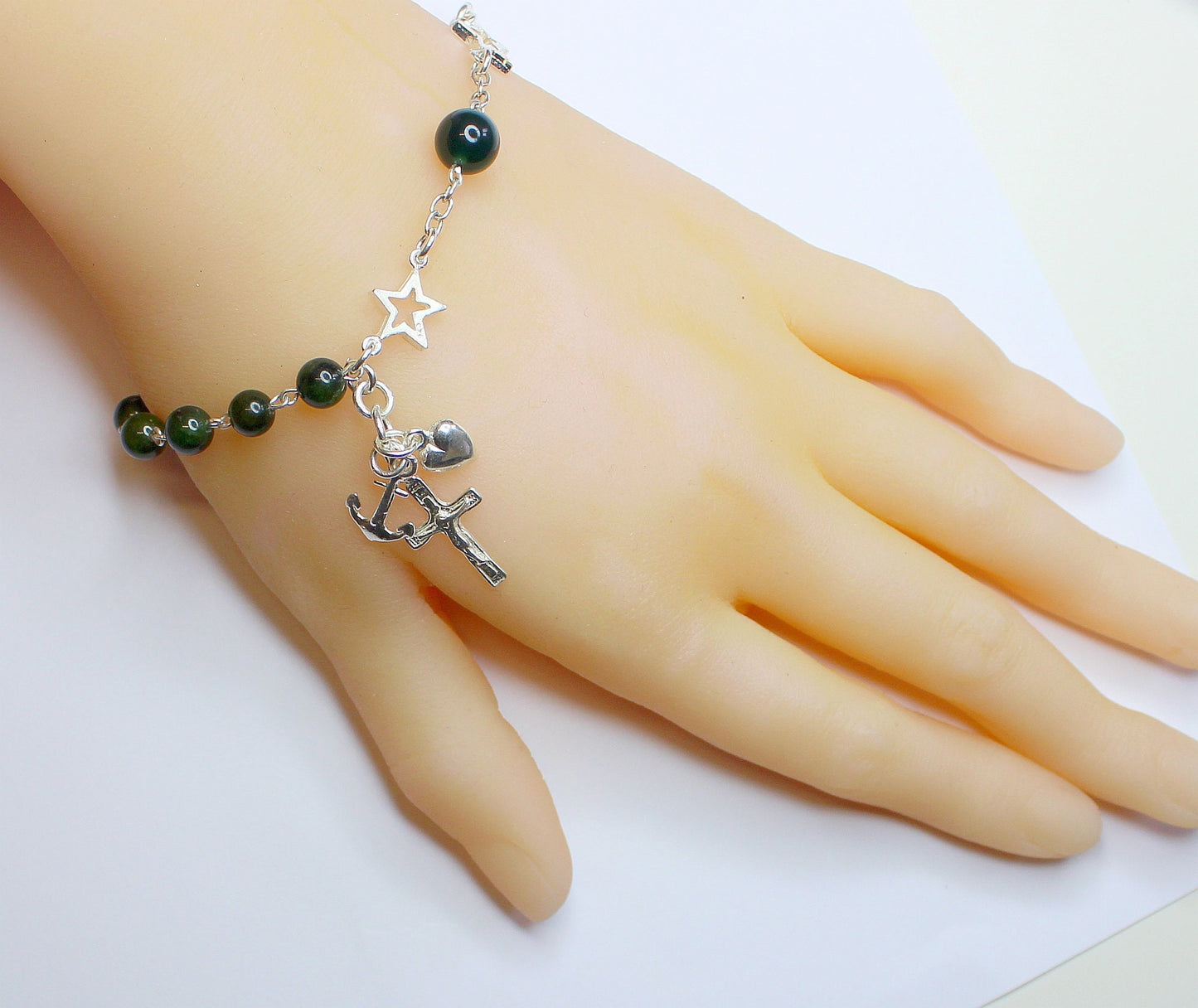 Catholic Rosary Bracelet Green Jade and Sterling Silver