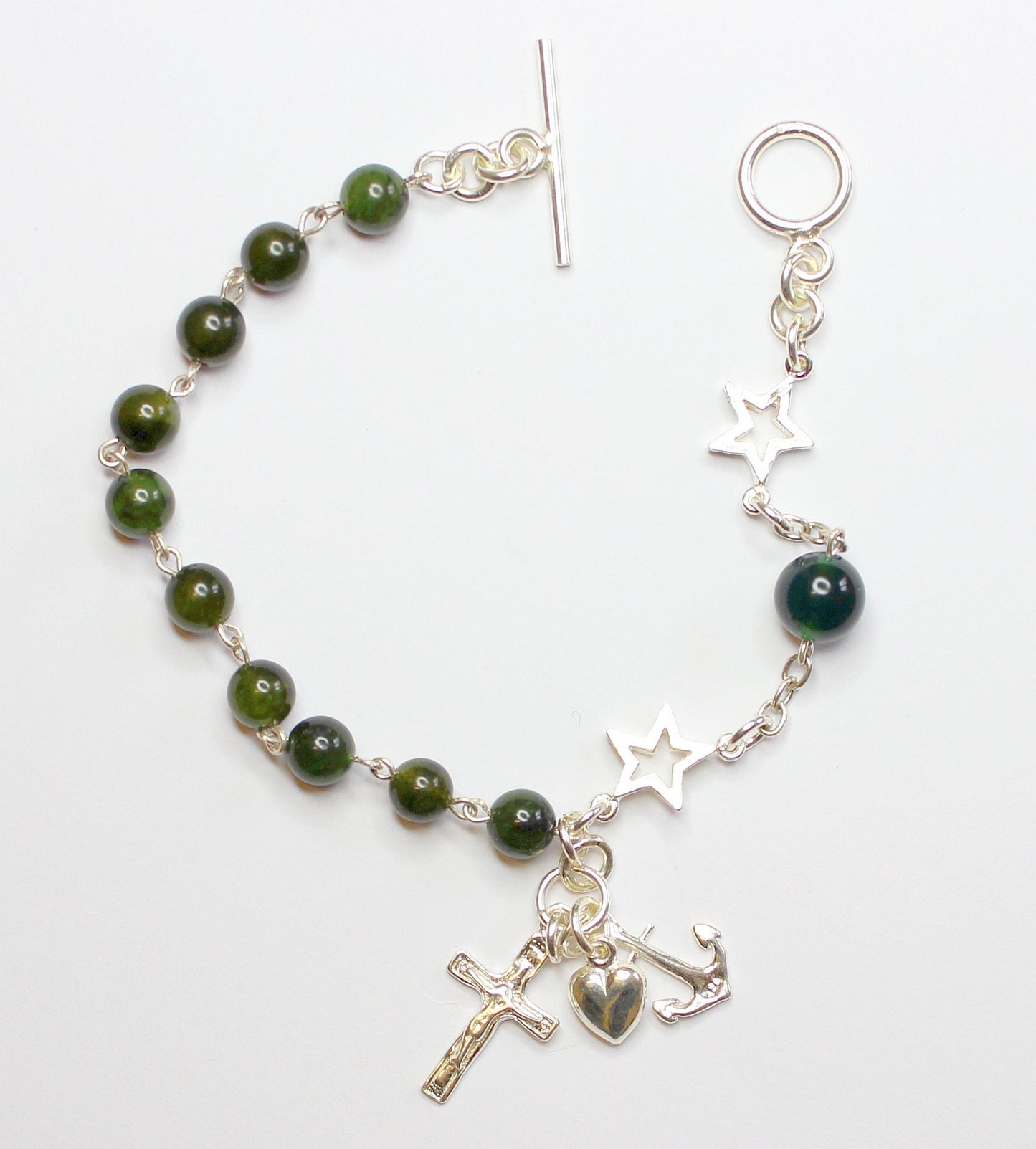Catholic Rosary Bracelet Green Jade and Sterling Silver