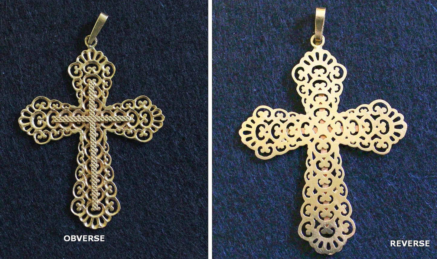 1930's French Solid 18K Gold Open Work Cross Pendant Medal Seldom Seen