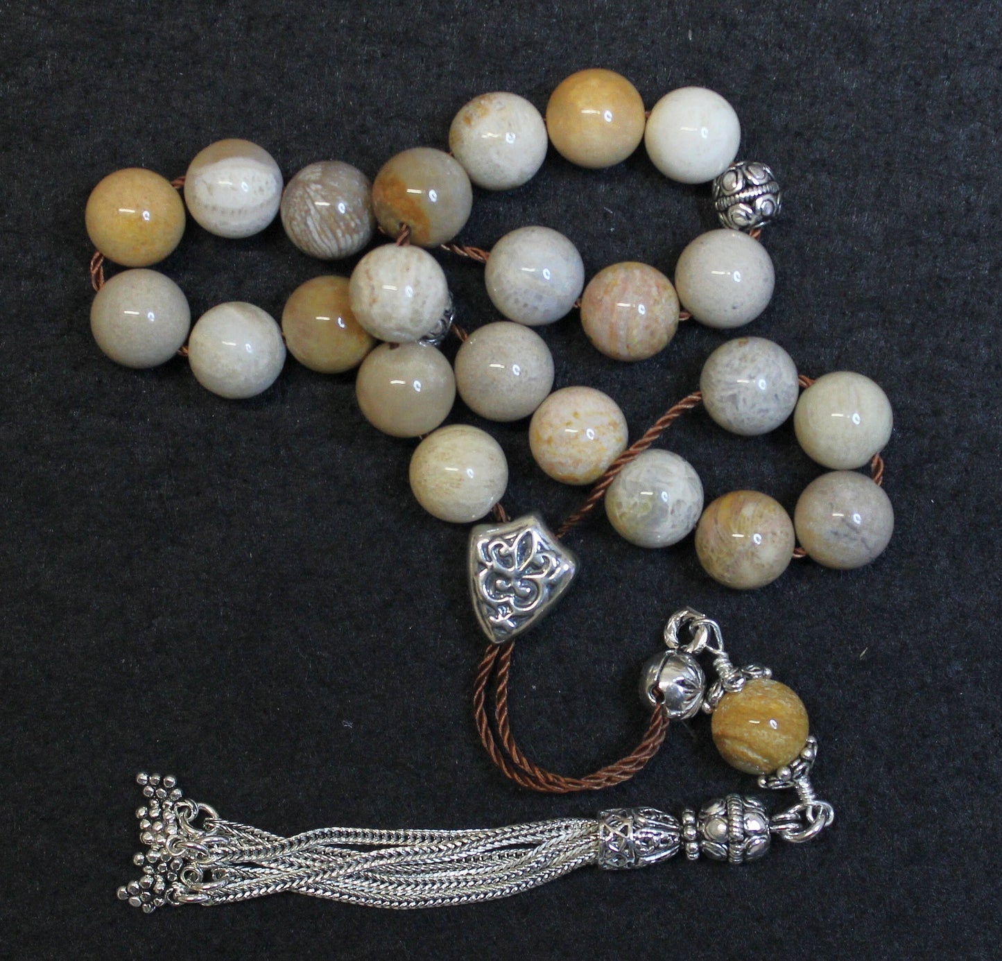 Greek Komboloi Worry Beads Fossil Coral & Sterling - Rarely Seen - Collector's item