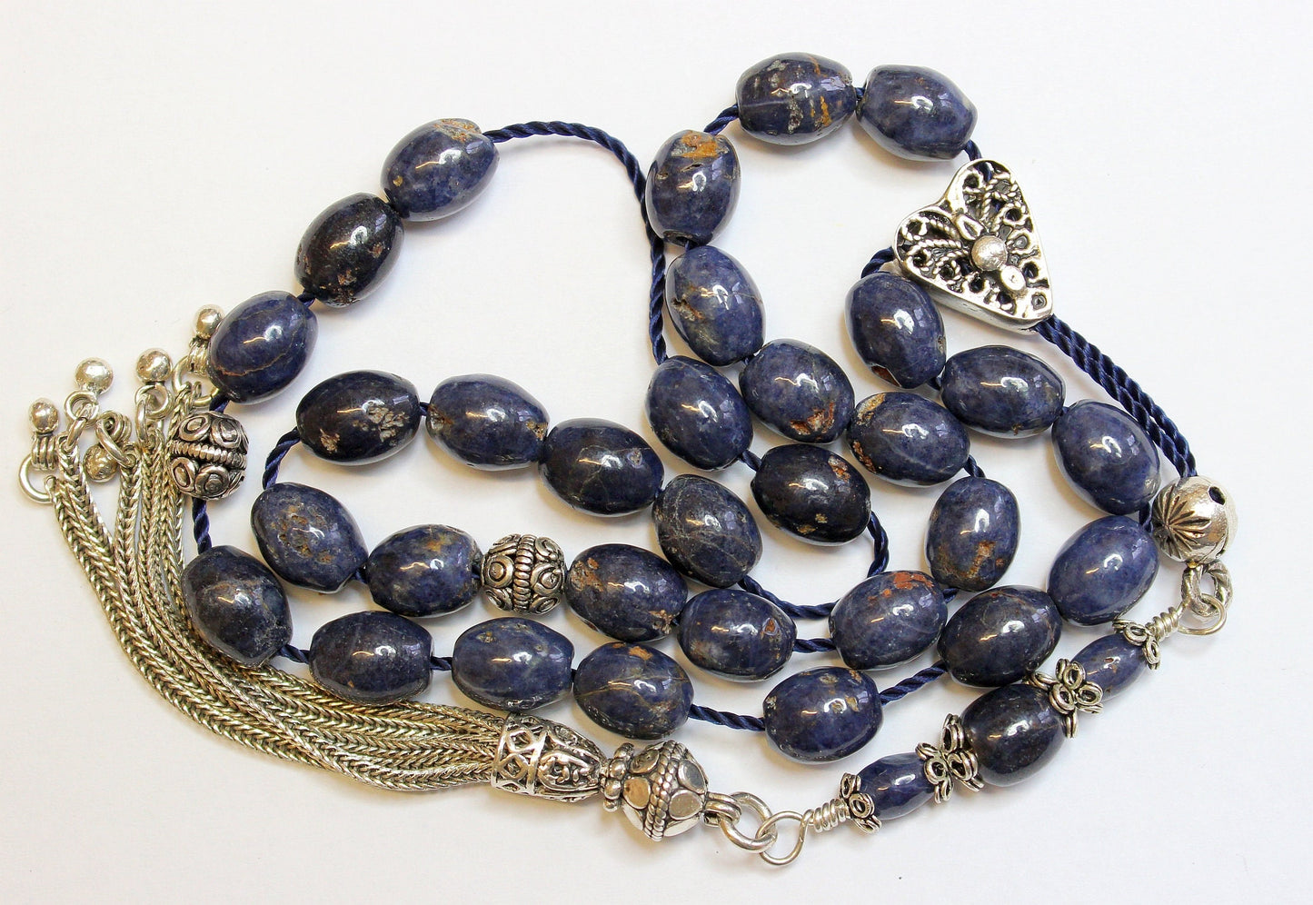 Greek Komboloi Genuine Ceylon Blue Sapphire & Sterling Silver Extreme rarity