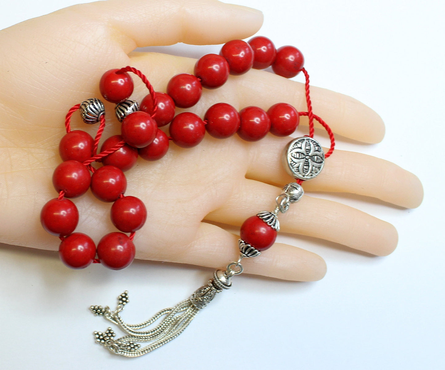 Greek Komboloi Red Coral & Sterling Silver