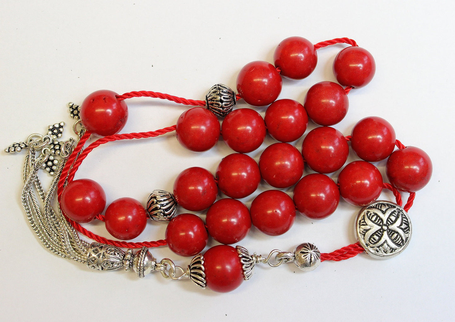 Greek Komboloi Red Coral & Sterling Silver