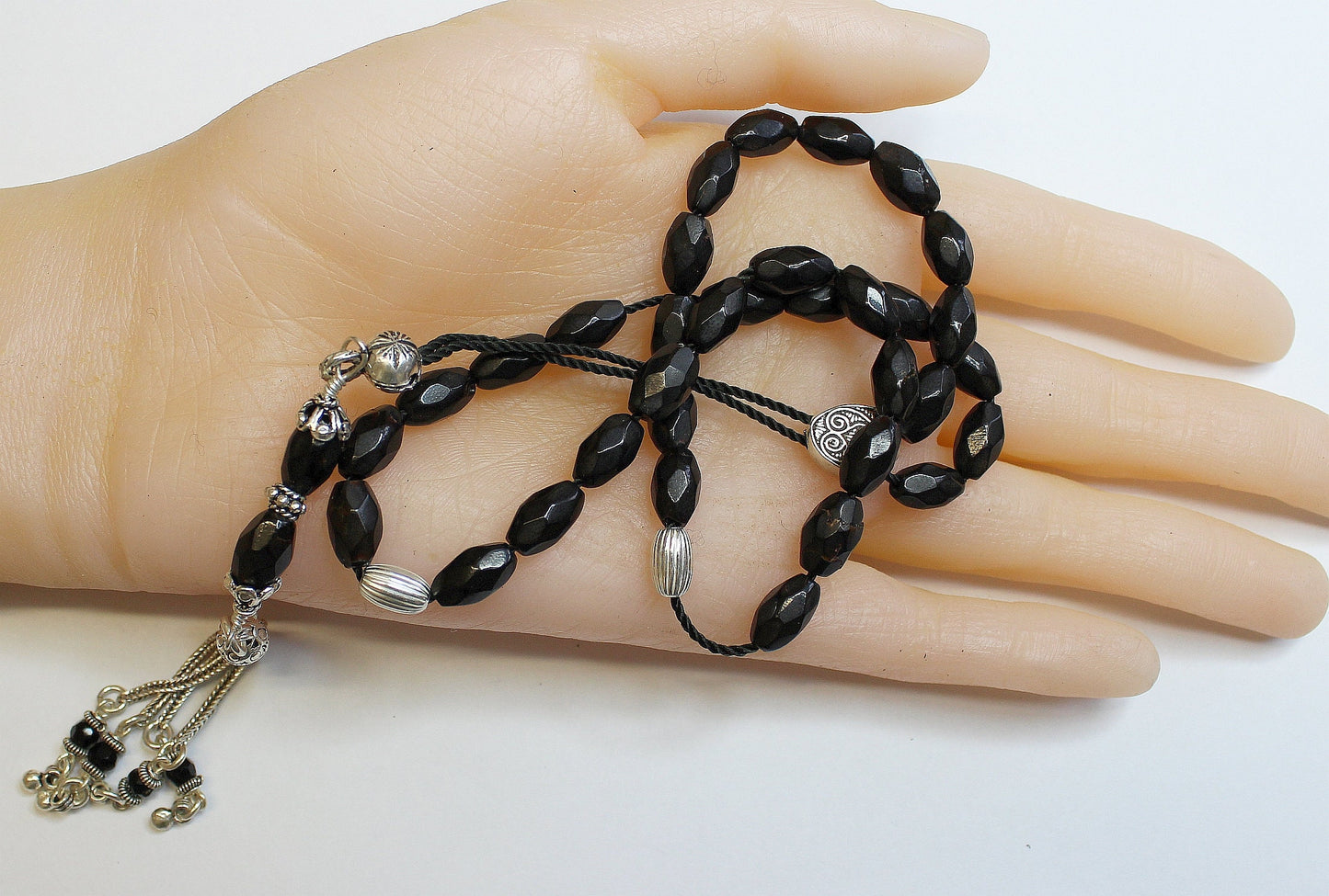 Greek Komboloi Rare Diamond Cut Black Coral & Sterling Silver - Collector's