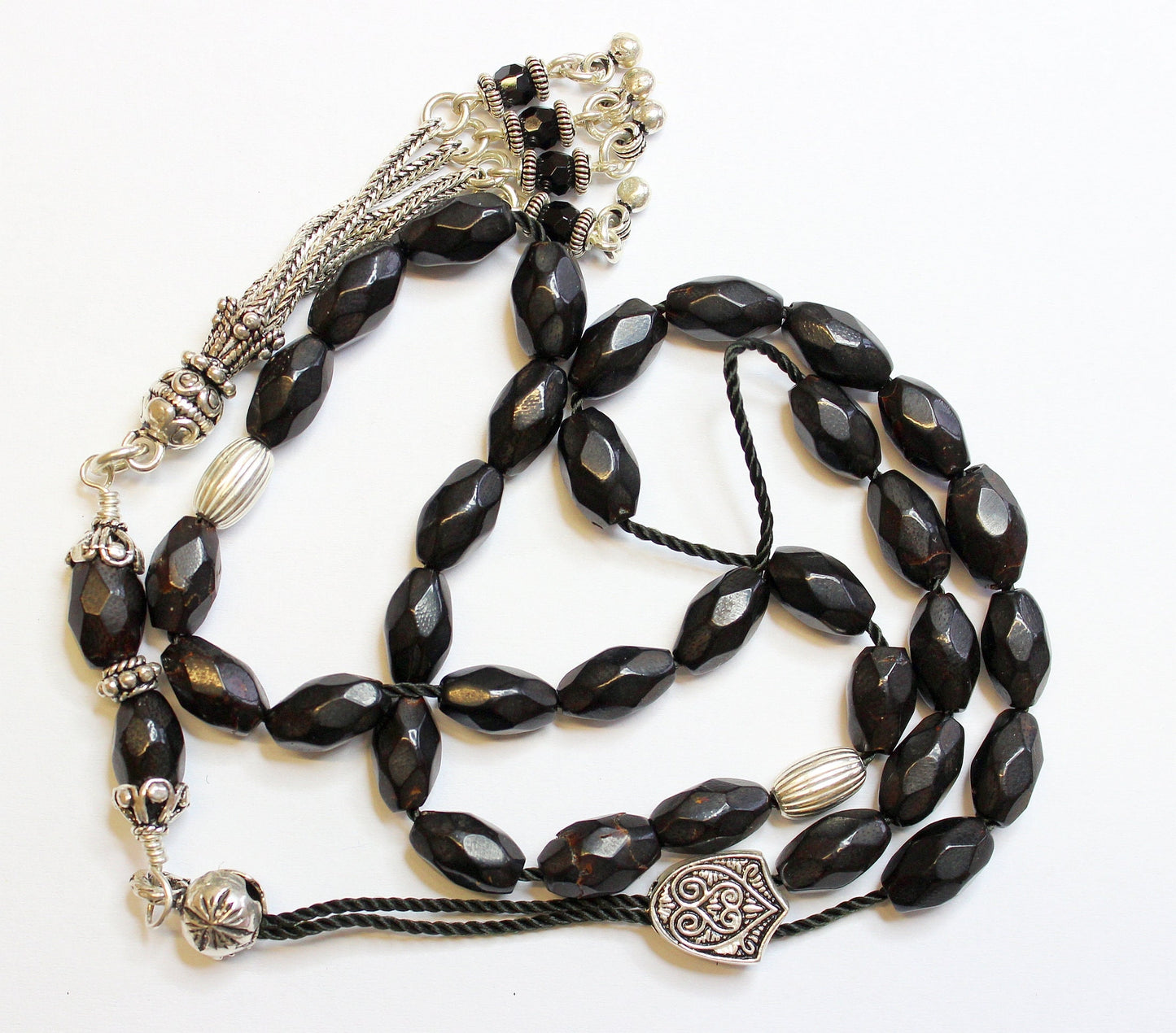 Greek Komboloi Rare Diamond Cut Black Coral & Sterling Silver - Collector's