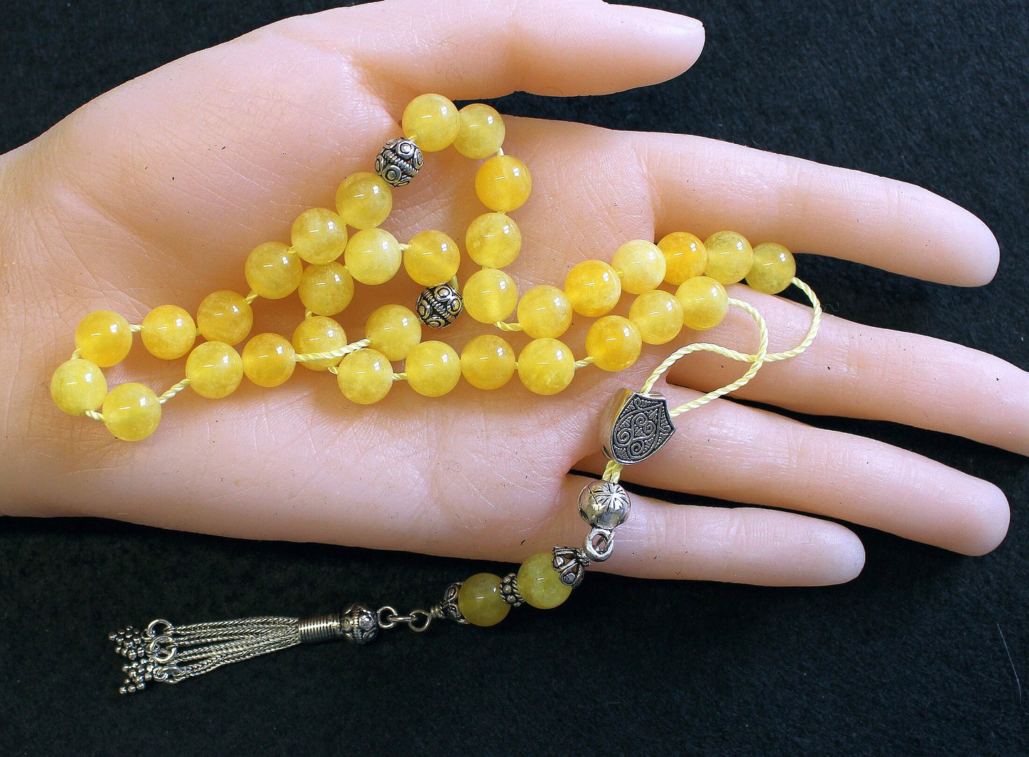 Greek Komboloi Yellow Jade Beads & Sterling Silver Parts