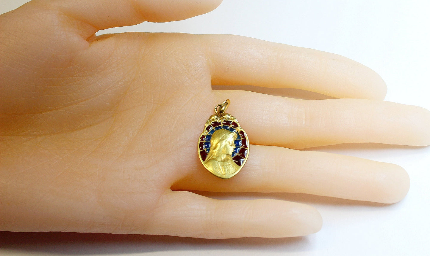 1950's Vintage 18 K Gold Plique-à-Jour Mary Bi Color Pendant Medal