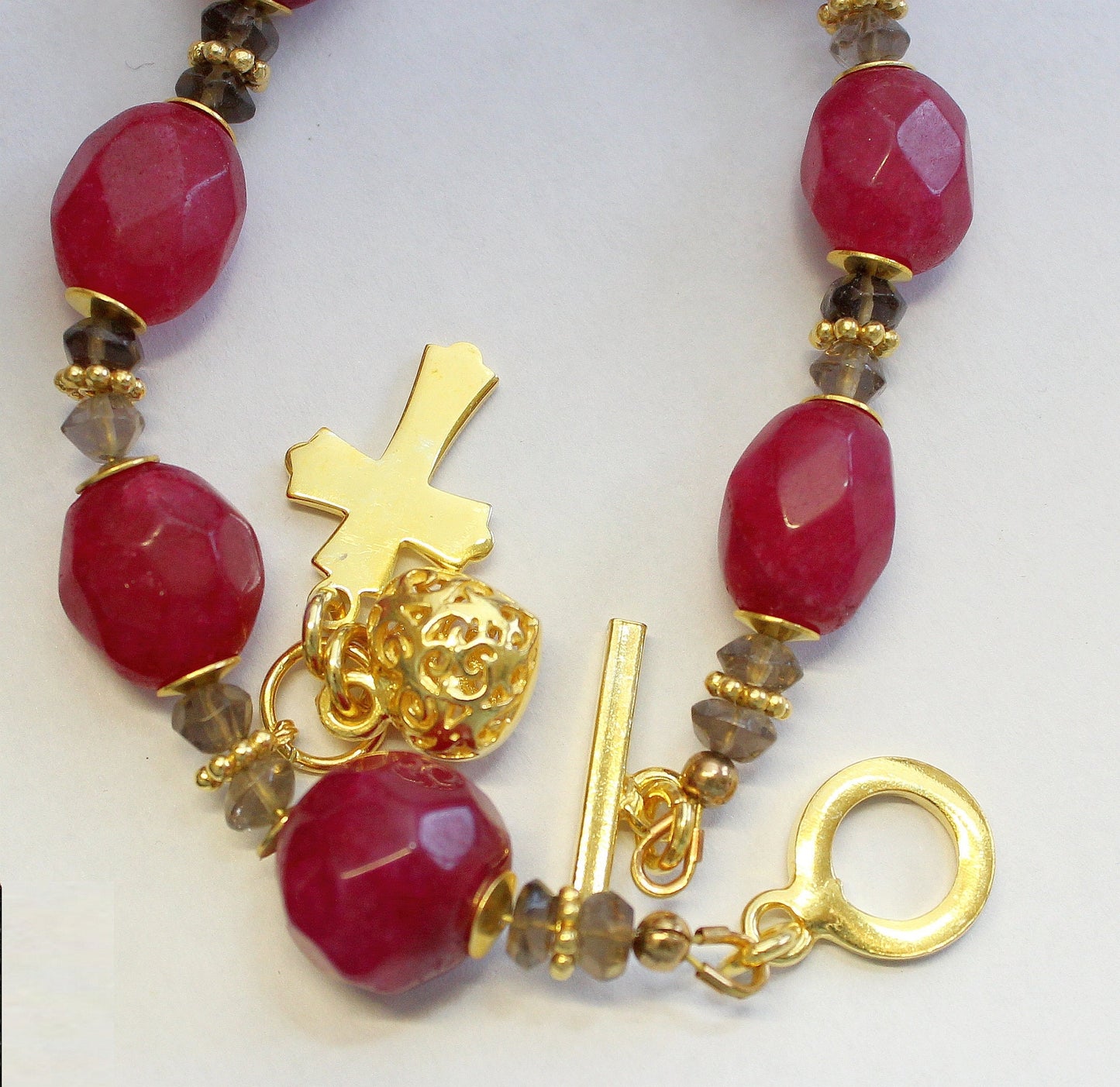 Faceted Genuine Ruby Beads Anglican Rosary Bracelet , Smoky Quartz, Vermeil Cross & Heart
