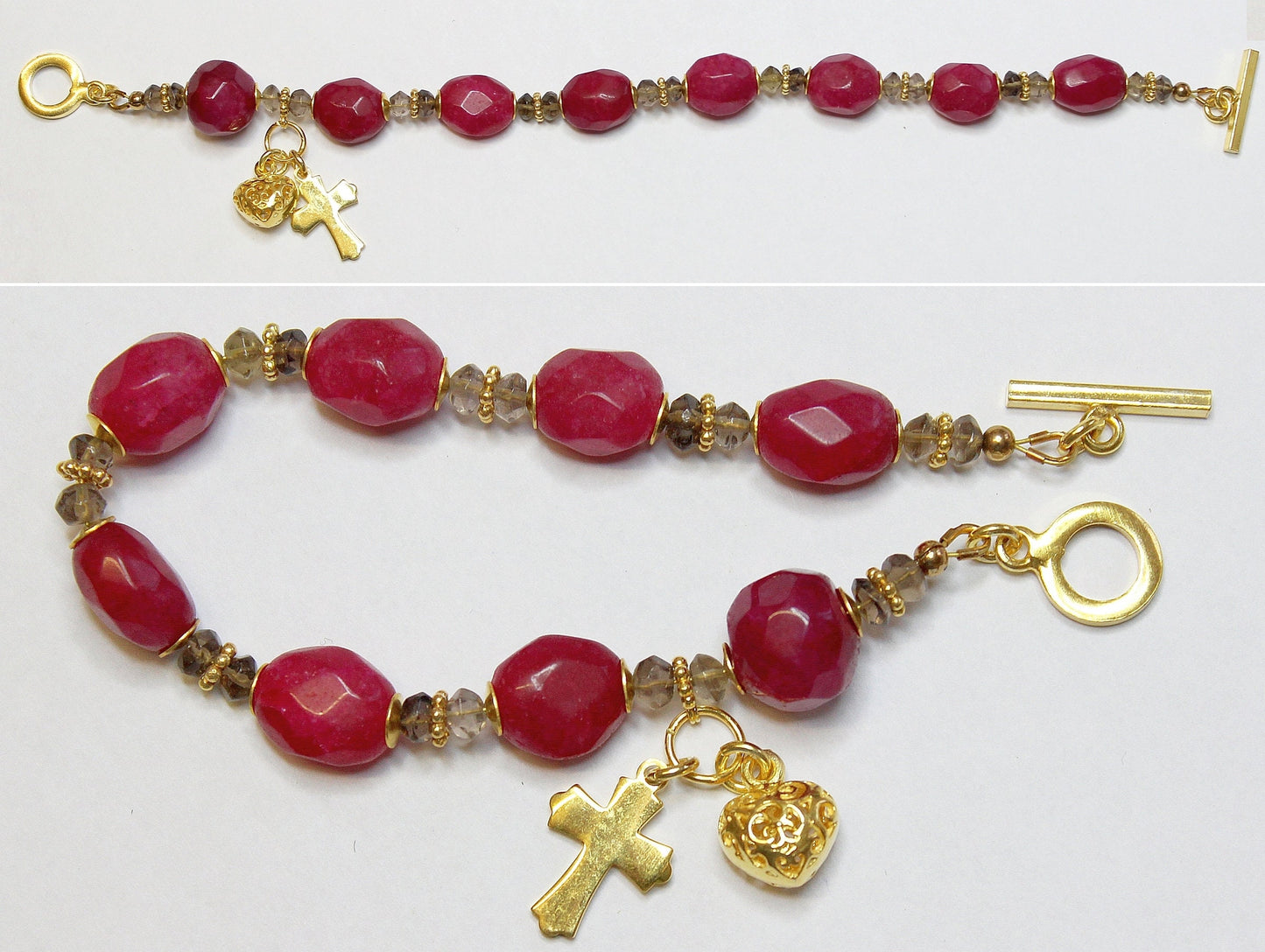 Faceted Genuine Ruby Beads Anglican Rosary Bracelet , Smoky Quartz, Vermeil Cross & Heart