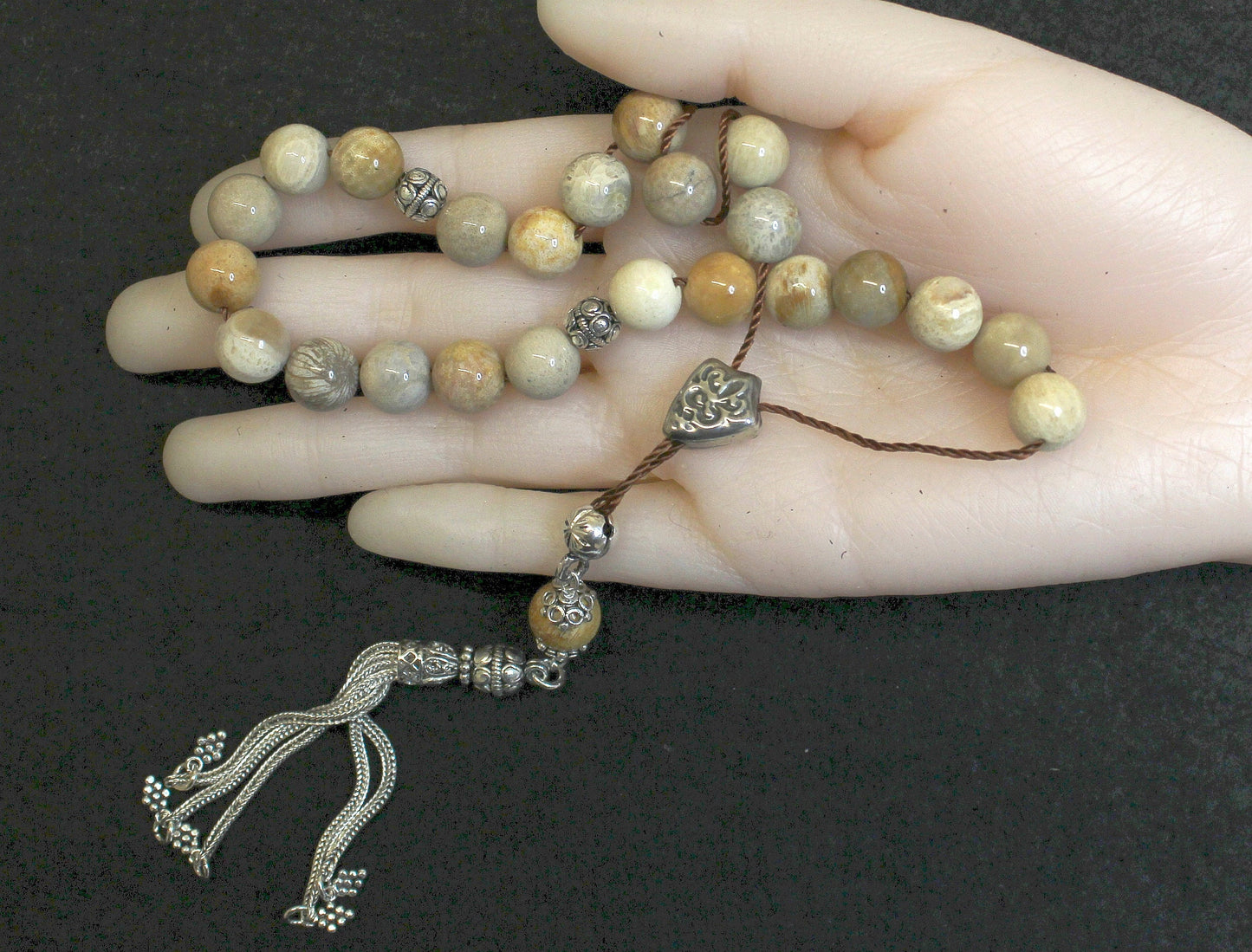 Greek Komboloi Worry Beads Fossil Coral & Sterling - Rarely Seen - Collector's item