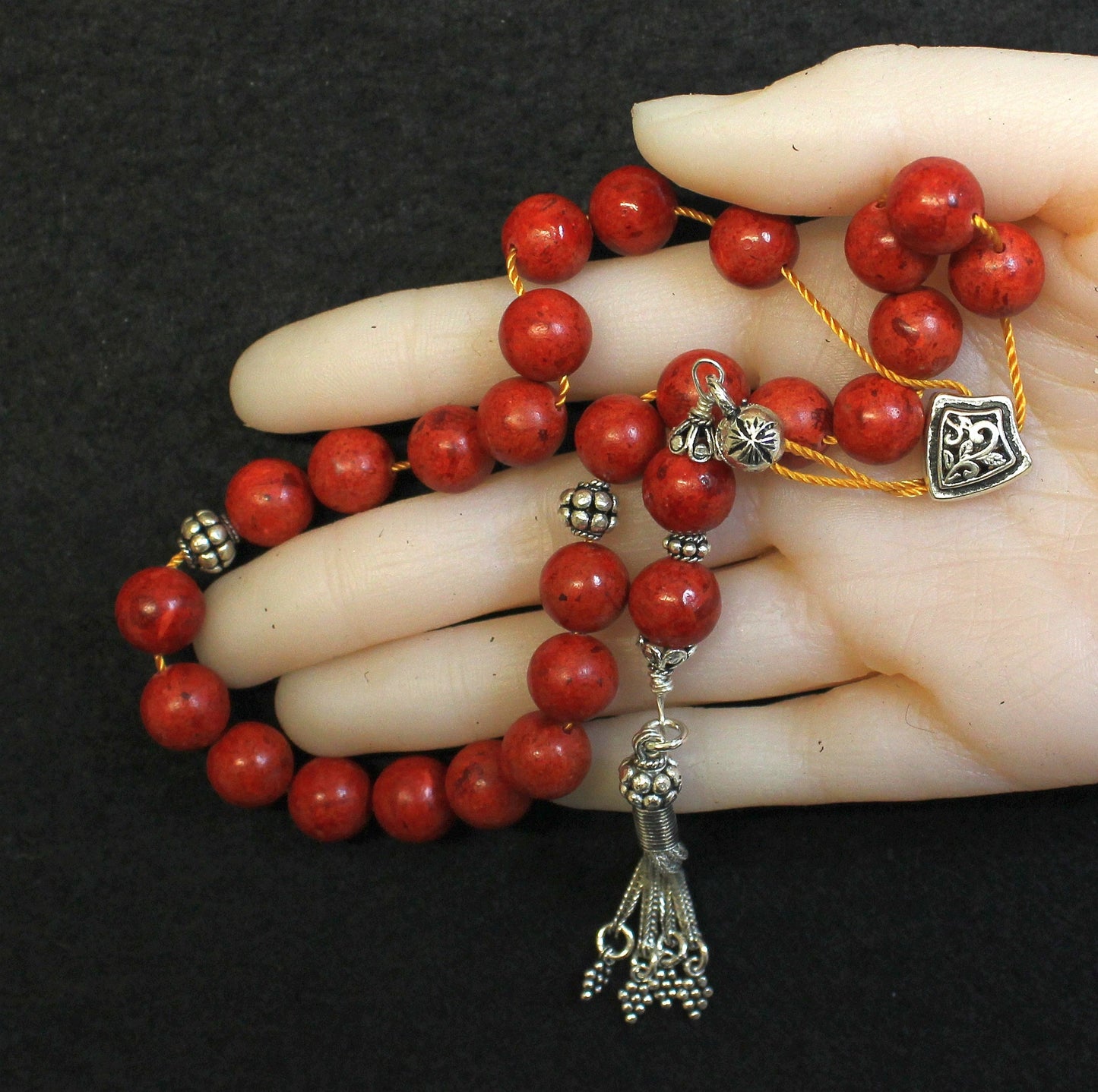 Worry Beads Greek Komboloi Red Sponge Coral & Sterling Silver