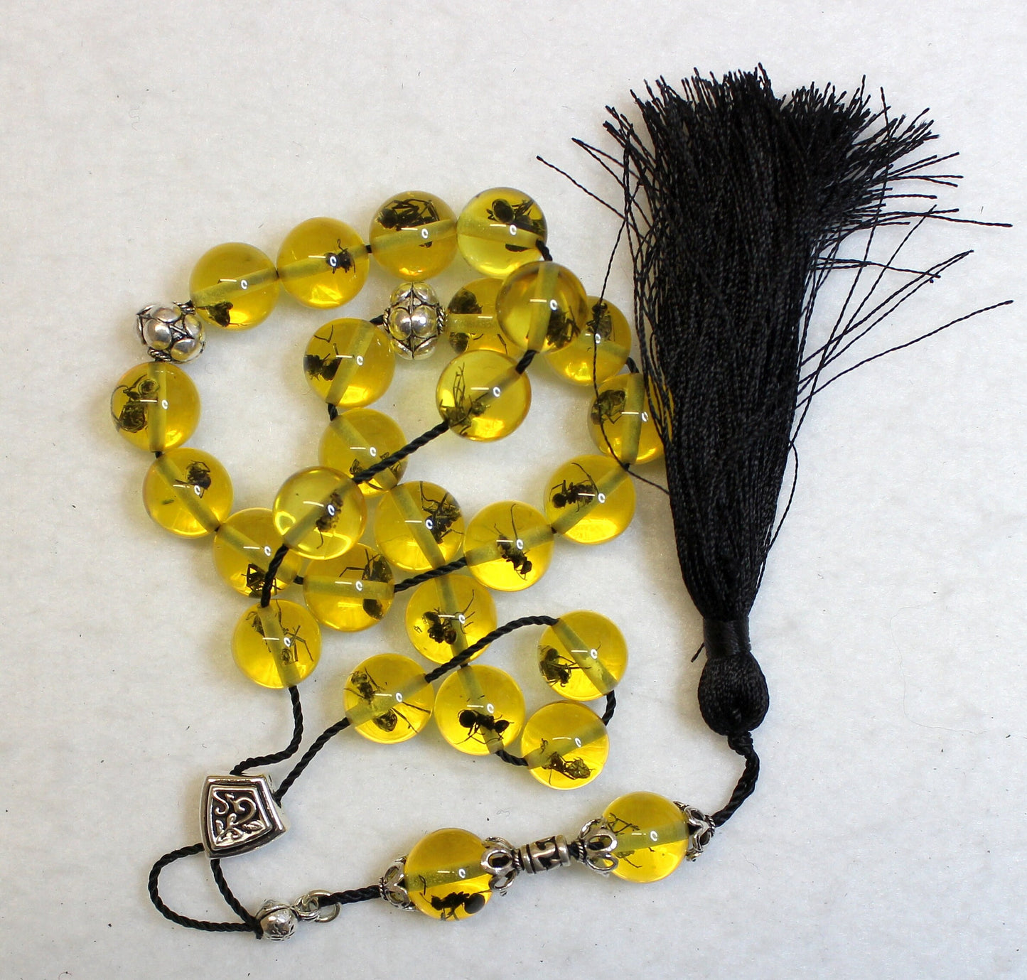 Greek Komboloi Amber Color Resin w Insect in Each Single Bead & Sterling Silver