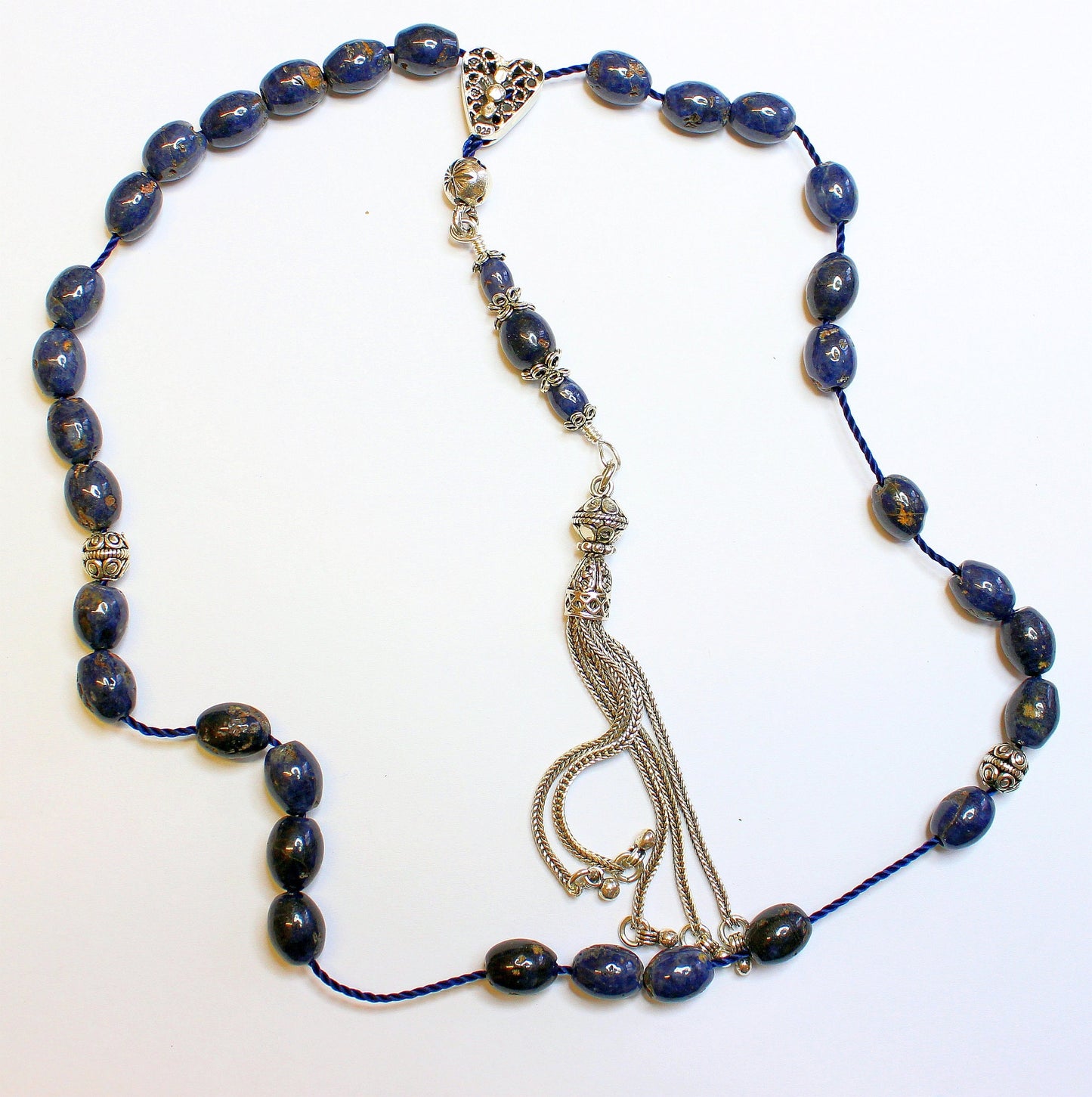 Greek Komboloi Genuine Ceylon Blue Sapphire & Sterling Silver Extreme rarity