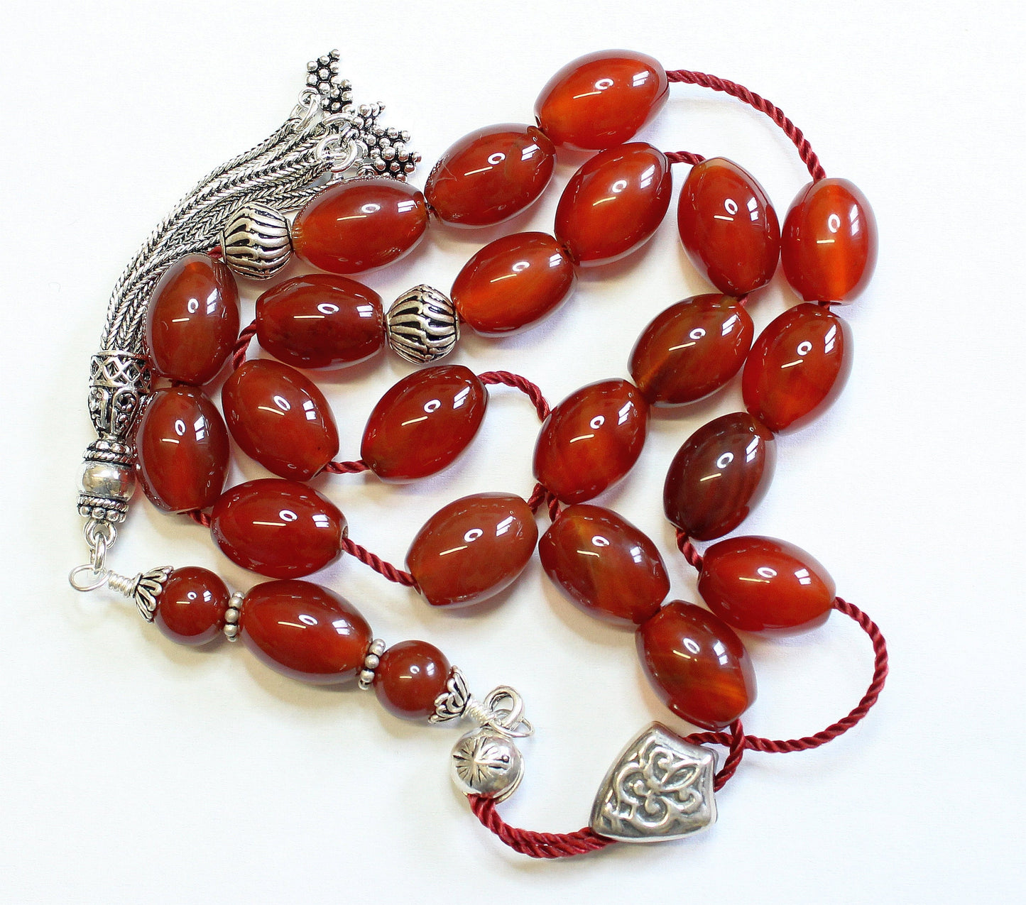Greek Komboloi Large Oval Carnelian & Sterling Silver - Worry Beads