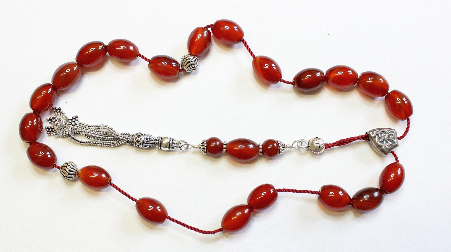 Greek Komboloi Large Oval Carnelian & Sterling Silver - Worry Beads