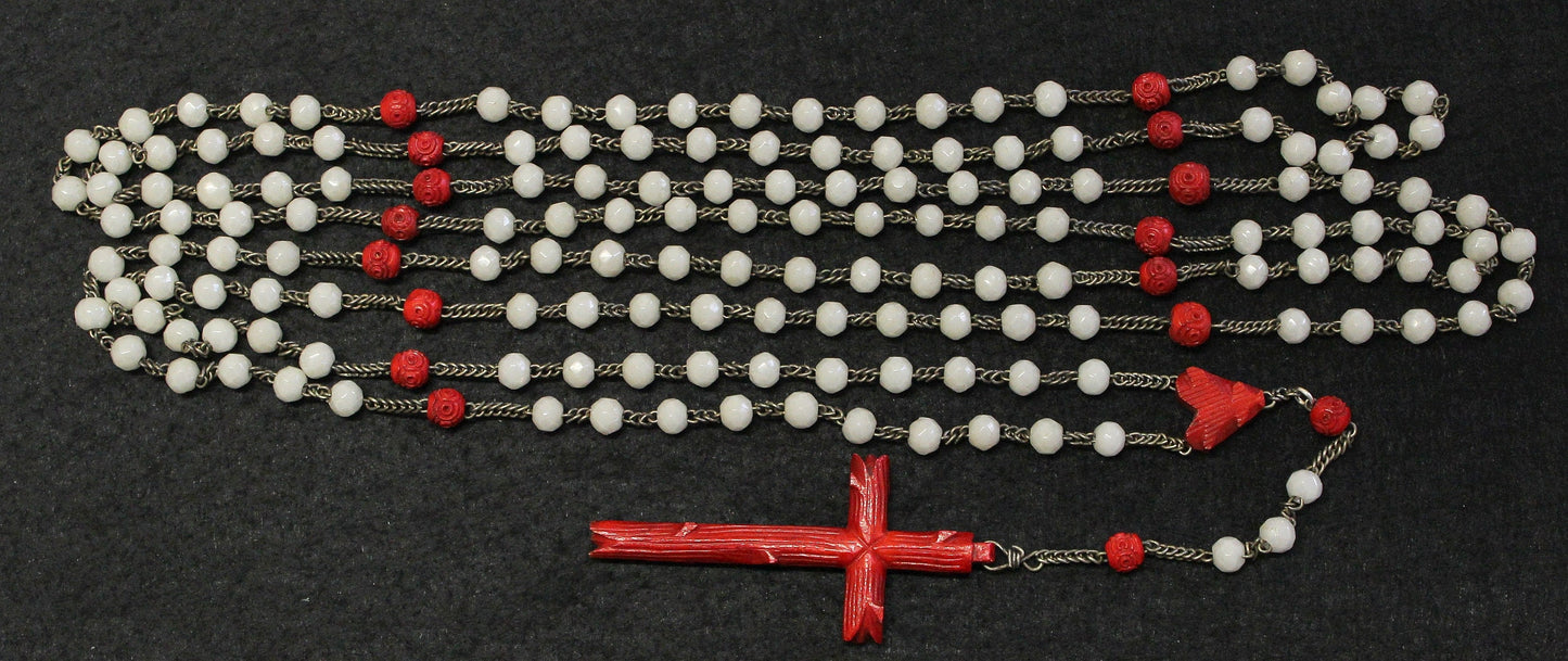 1920's Catholic Rosary 15 Decades Opaline Glass and Bone w Silver - Rare