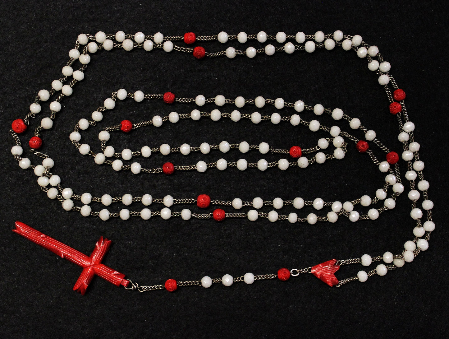 1920's Catholic Rosary 15 Decades Opaline Glass and Bone w Silver - Rare