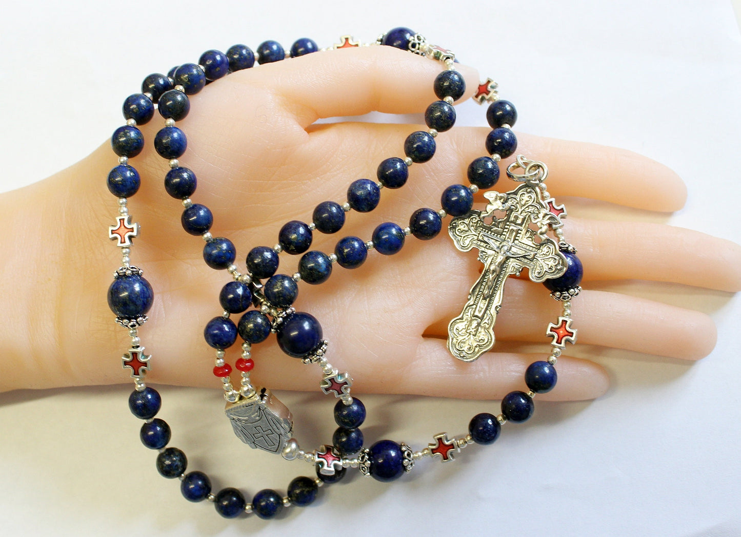 Greek Catholic Rosary Lapis Lazuli Heavy Sterling Silver Memento Mori