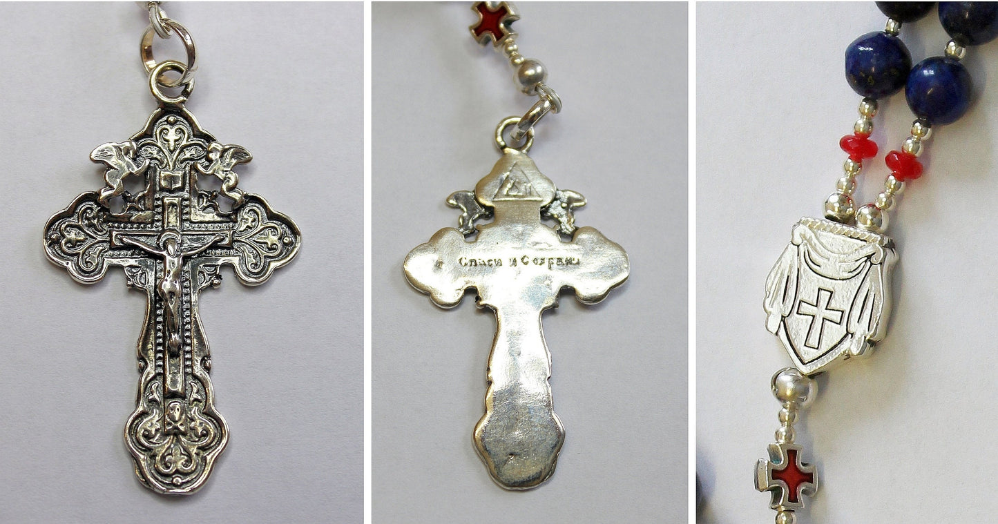 Greek Catholic Rosary Lapis Lazuli Heavy Sterling Silver Memento Mori