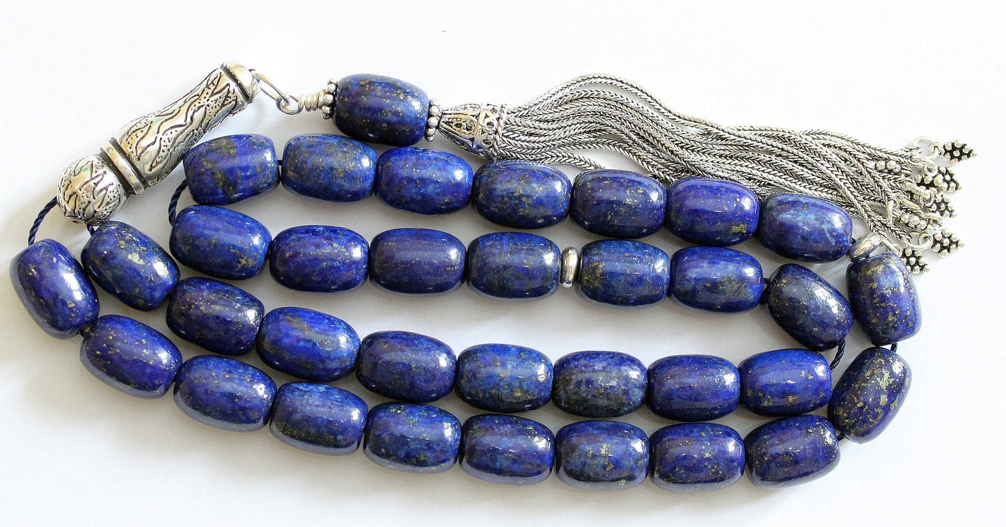 Luxury Prayer Beads Tesbih AAA Barrel Lapis Lazuli & Sterling -Top Quality- Collector's