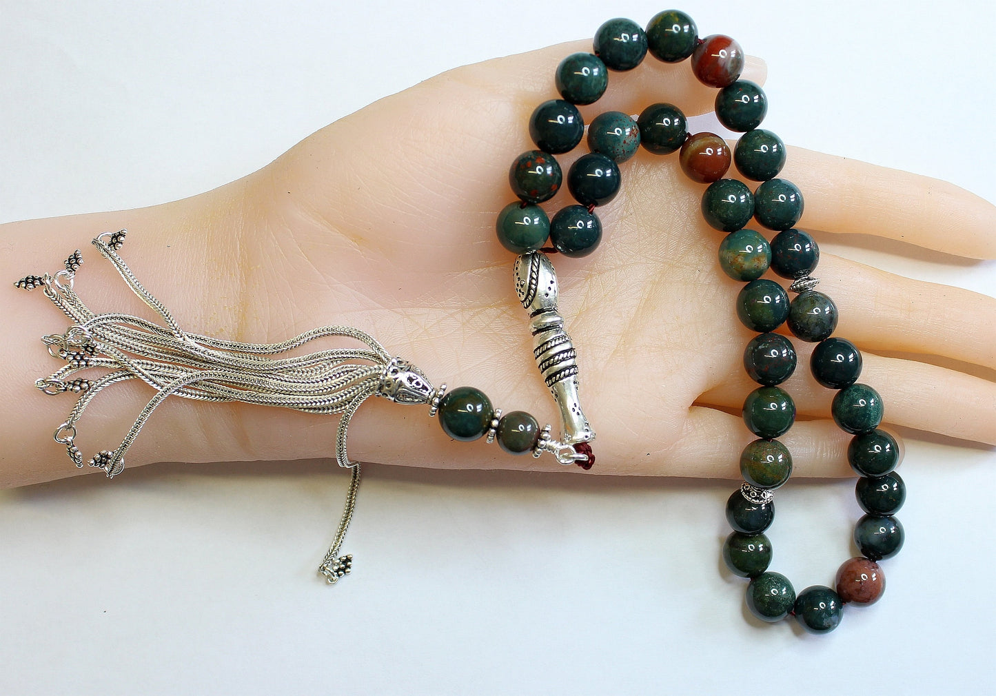 Luxury Tesbih Prayer Beads AA Grade Round Bloodstone & Sterling Silver - Top Quality - Collector's