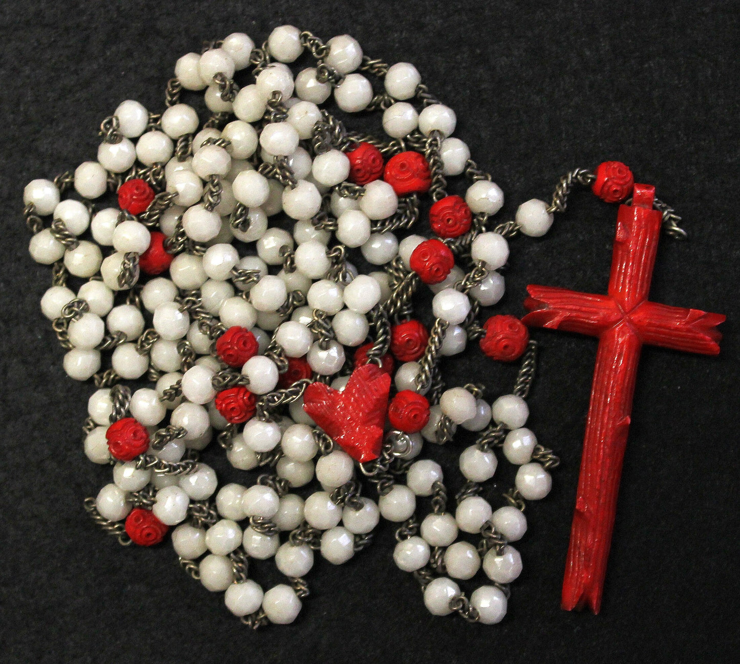 1920's Catholic Rosary 15 Decades Opaline Glass and Bone w Silver - Rare