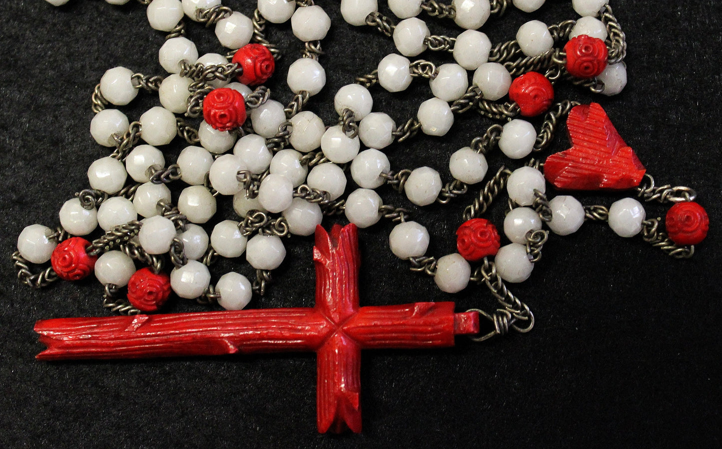 1920's Catholic Rosary 15 Decades Opaline Glass and Bone w Silver - Rare