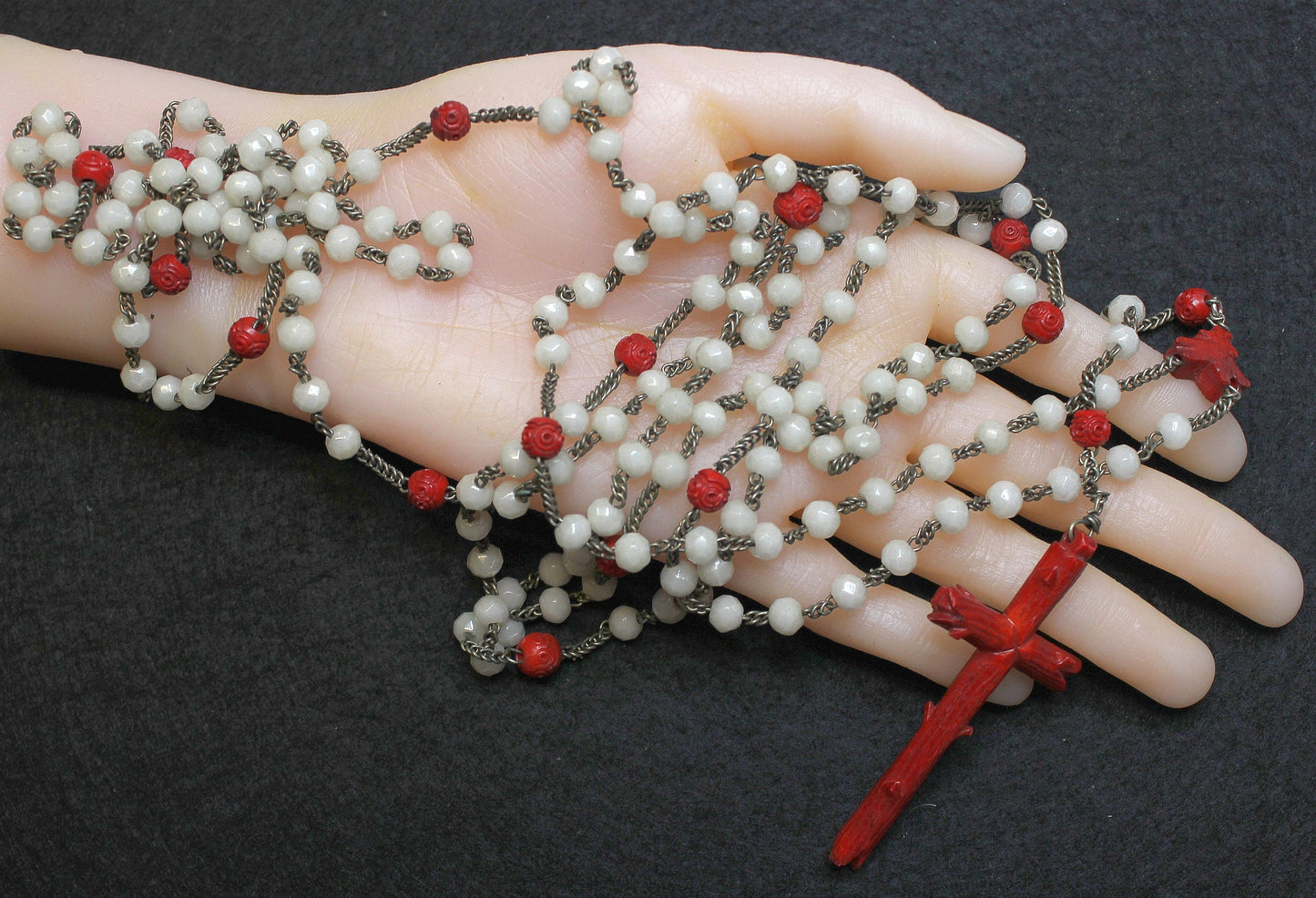 1920's Catholic Rosary 15 Decades Opaline Glass and Bone w Sterling Silver - Rare