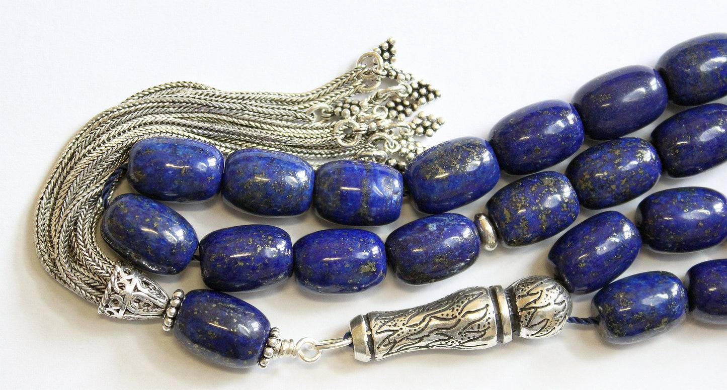 Luxury Prayer Beads Tesbih AAA Barrel Lapis Lazuli & Sterling -Top Quality- Collector's