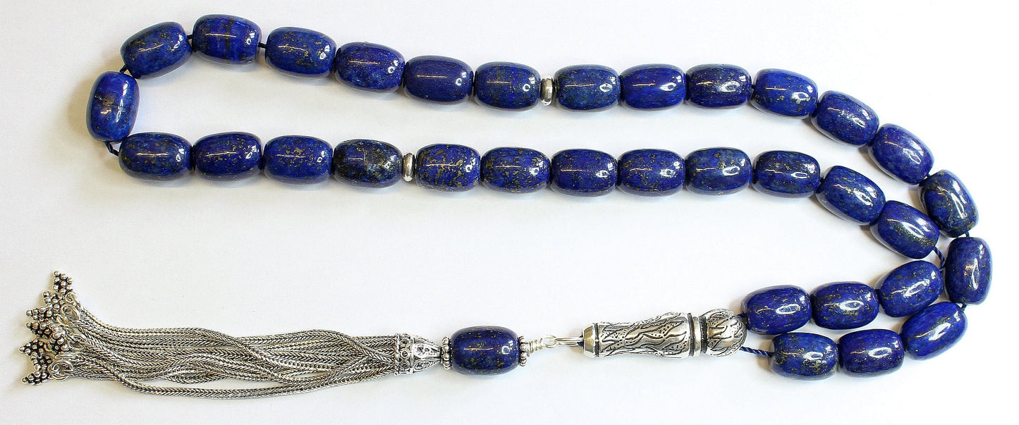 Luxury Prayer Beads Tesbih AAA Barrel Lapis Lazuli & Sterling -Top Quality- Collector's