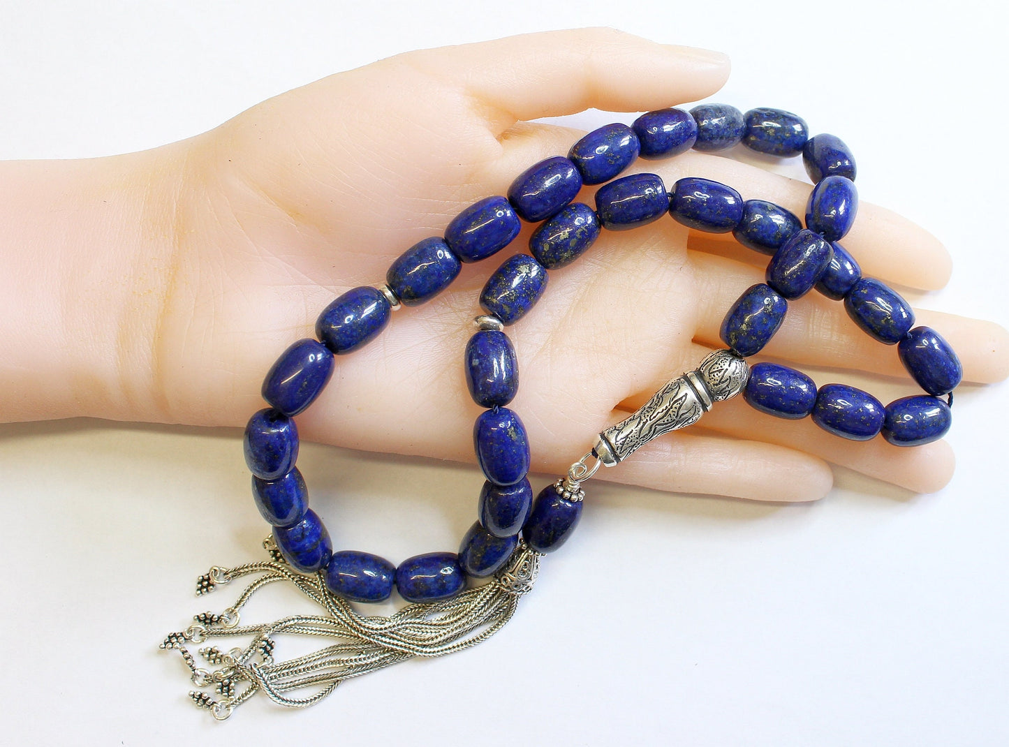 Luxury Lapis Lazuli Prayer Beads: Sterling Silver Tassel Tesbih