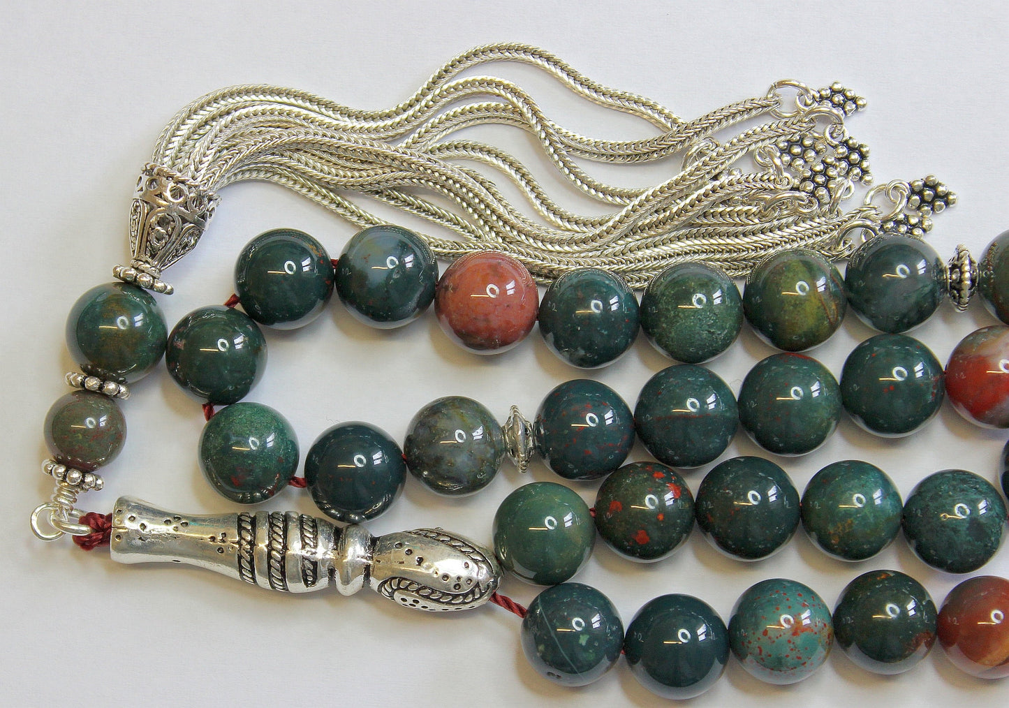 Luxury Tesbih Prayer Beads AA Grade Round Bloodstone & Sterling Silver - Top Quality - Collector's
