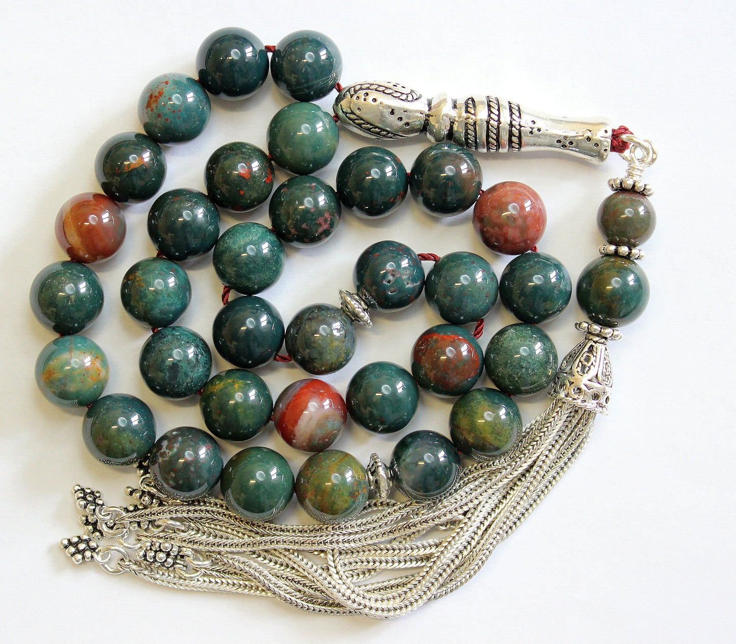 Luxury Tesbih Prayer Beads AA Grade Round Bloodstone & Sterling Silver - Top Quality - Collector's