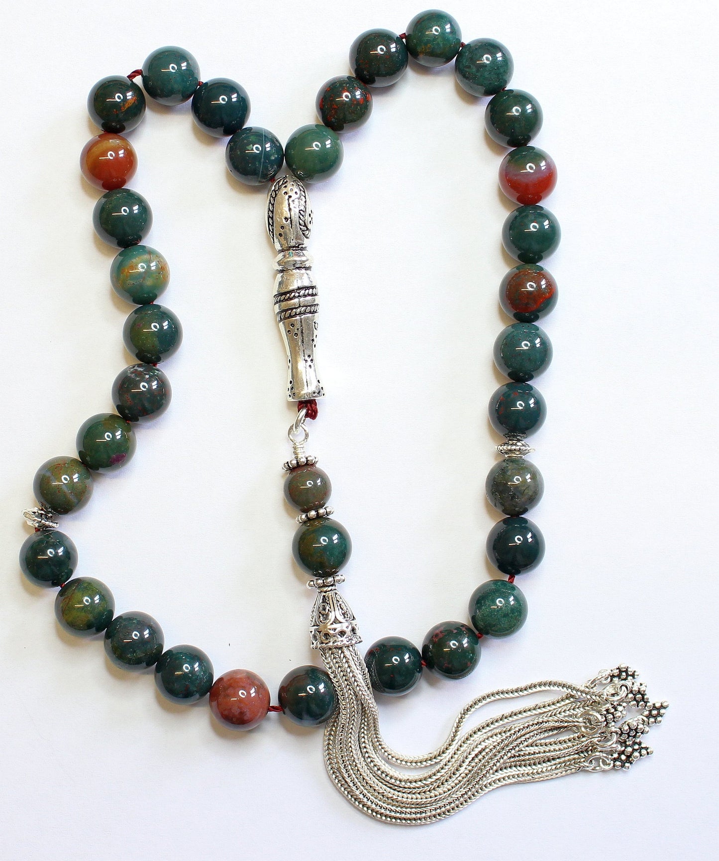 Luxury Tesbih Prayer Beads AA Grade Round Bloodstone & Sterling Silver - Top Quality - Collector's