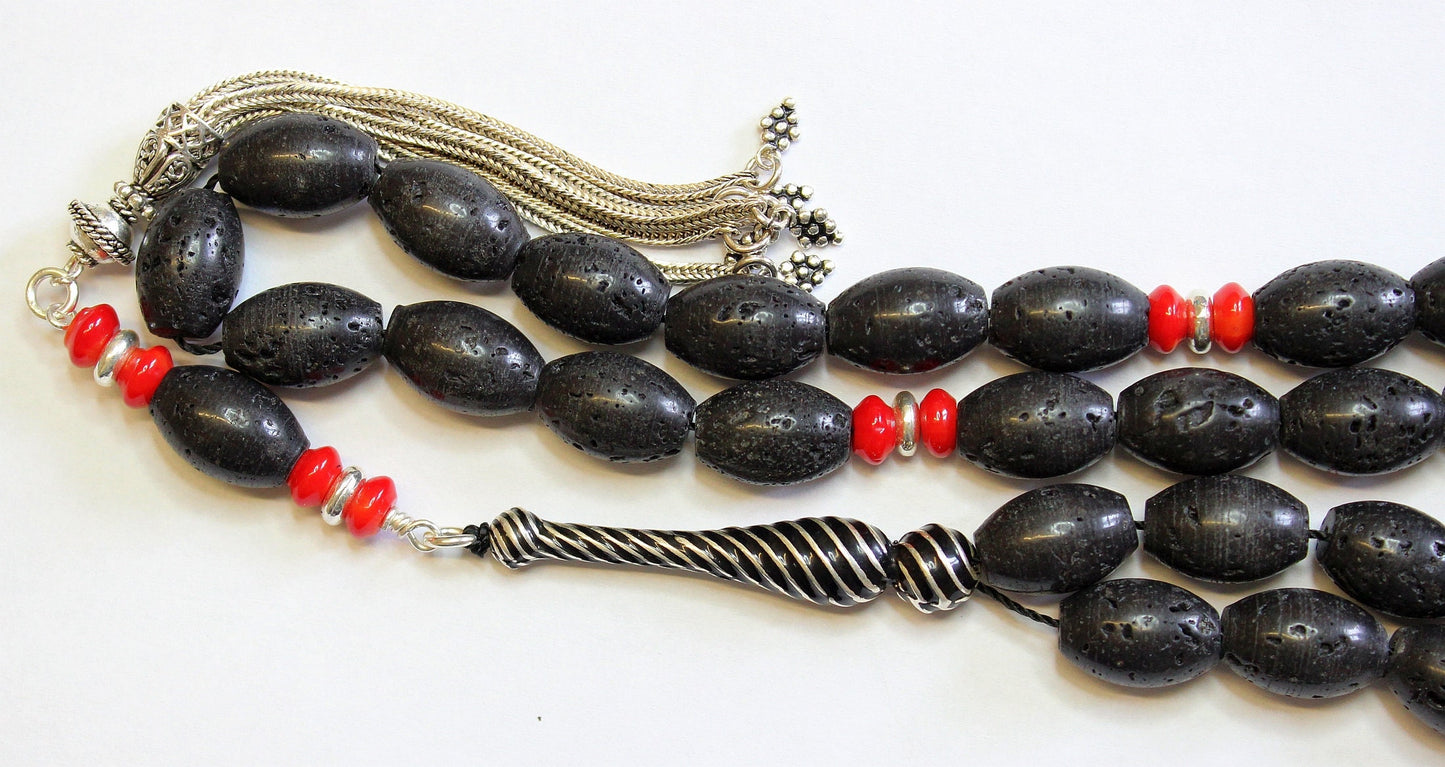 Luxury Tesbih Oval Lava, Red Coral & Sterling Rare Collector's Quality Item