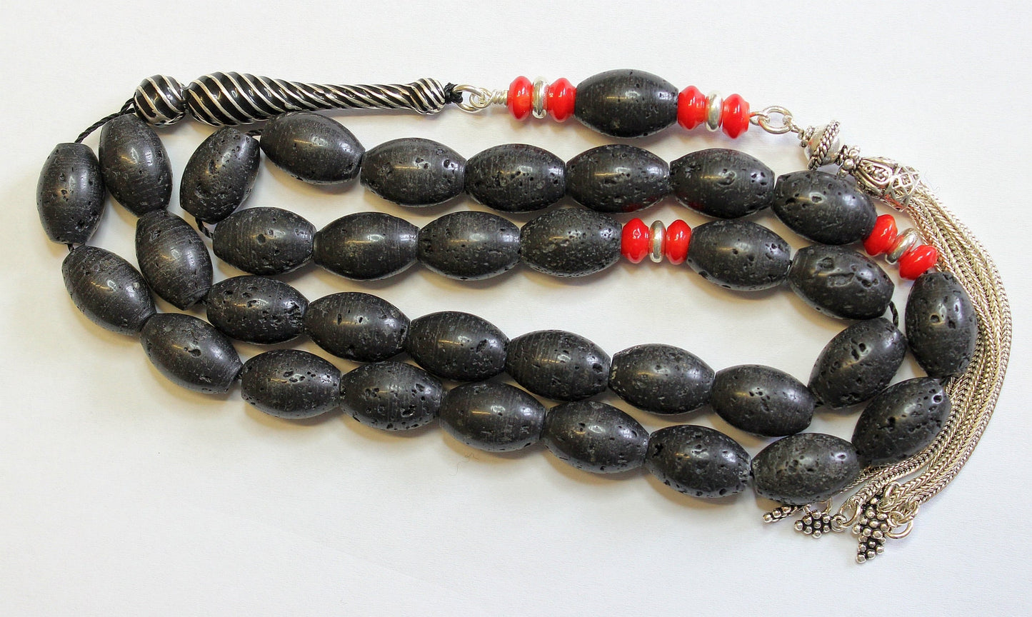 Luxury Tesbih Oval Lava, Red Coral & Sterling Rare Collector's Quality Item
