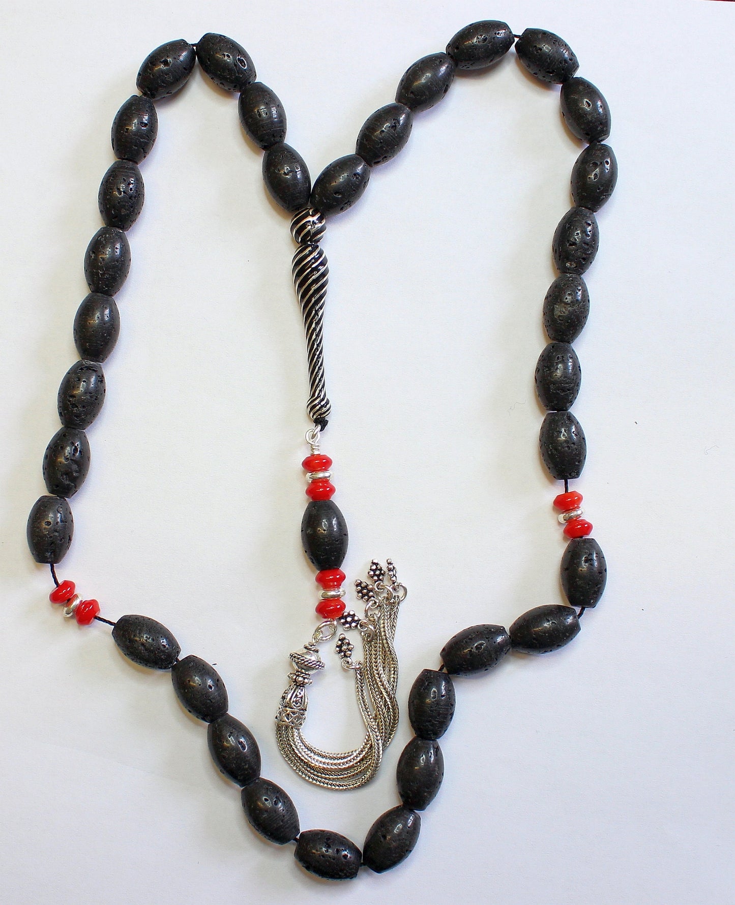 Luxury Tesbih Oval Lava, Red Coral & Sterling Rare Collector's Quality Item